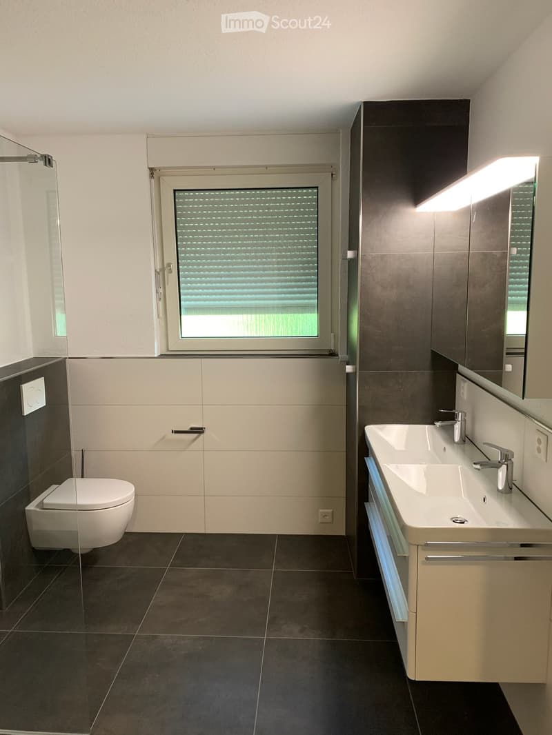 Modern bathroom with a white toilet, double sink with chrome faucets, mirrored cabinet, and large window with blinds.