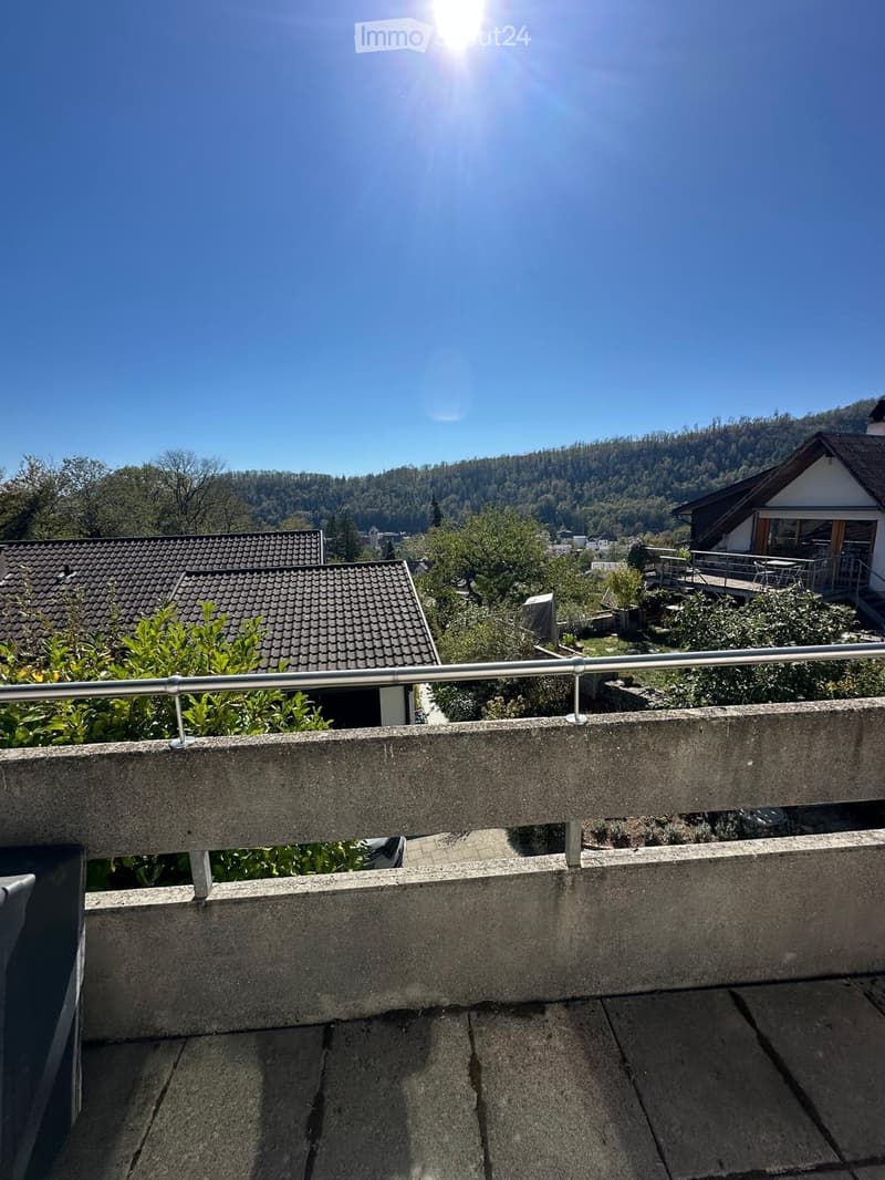 Balcony with a concrete railing, overlooking a scenic valley with houses, trees, and hills under a clear blue sky.