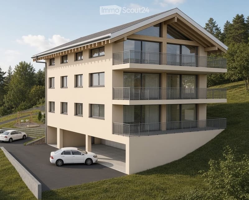 Modern multi-story building with balconies, garage, and parking area.