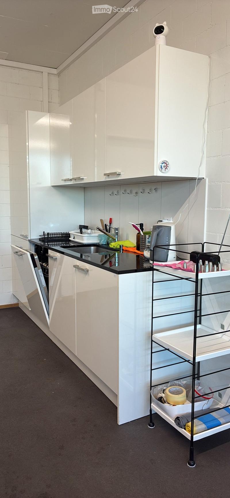 Modern kitchen with white cabinets, black countertop, stainless steel sink, and various appliances including a microwave and dishwasher. A cart with cleaning supplies is visible.