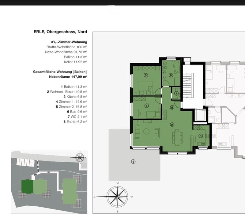 Floor plan of a 3-room apartment on the upper floor, north orientation, including living and dining area, kitchen, 2 bedrooms, bathroom, WC, entrance, and balcony.