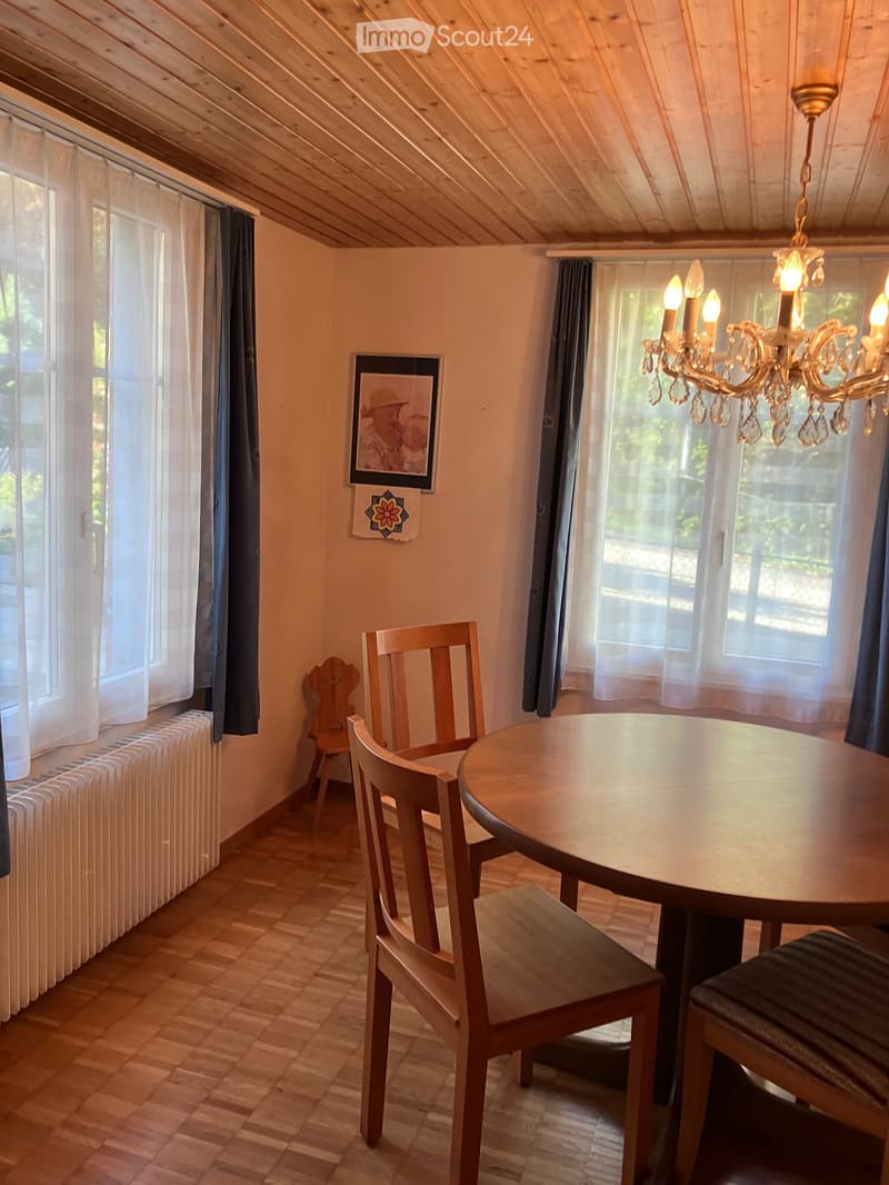 Cozy dining area with wooden table and chairs, chandelier, radiator, and picture frame on the wall.