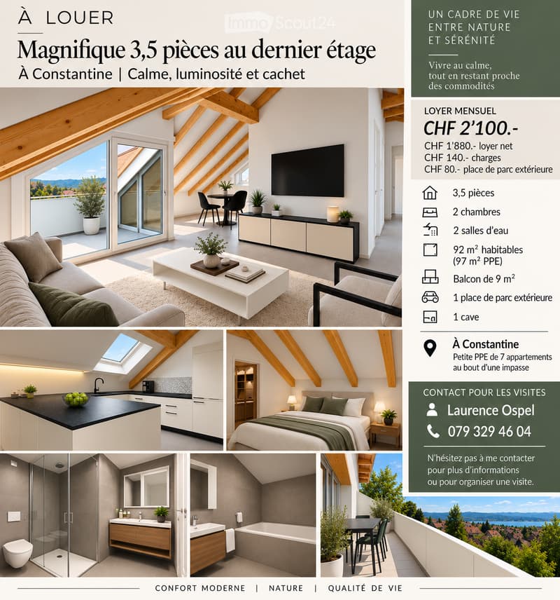 Real estate advertisement showcasing a 3.5-room apartment on the top floor with modern furnishings, a balcony, and scenic views.