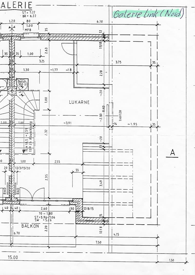 Floor plan showing multiple rooms including a balcony, gallery link, and boiler room. Dimensions and labels are provided for various sections.