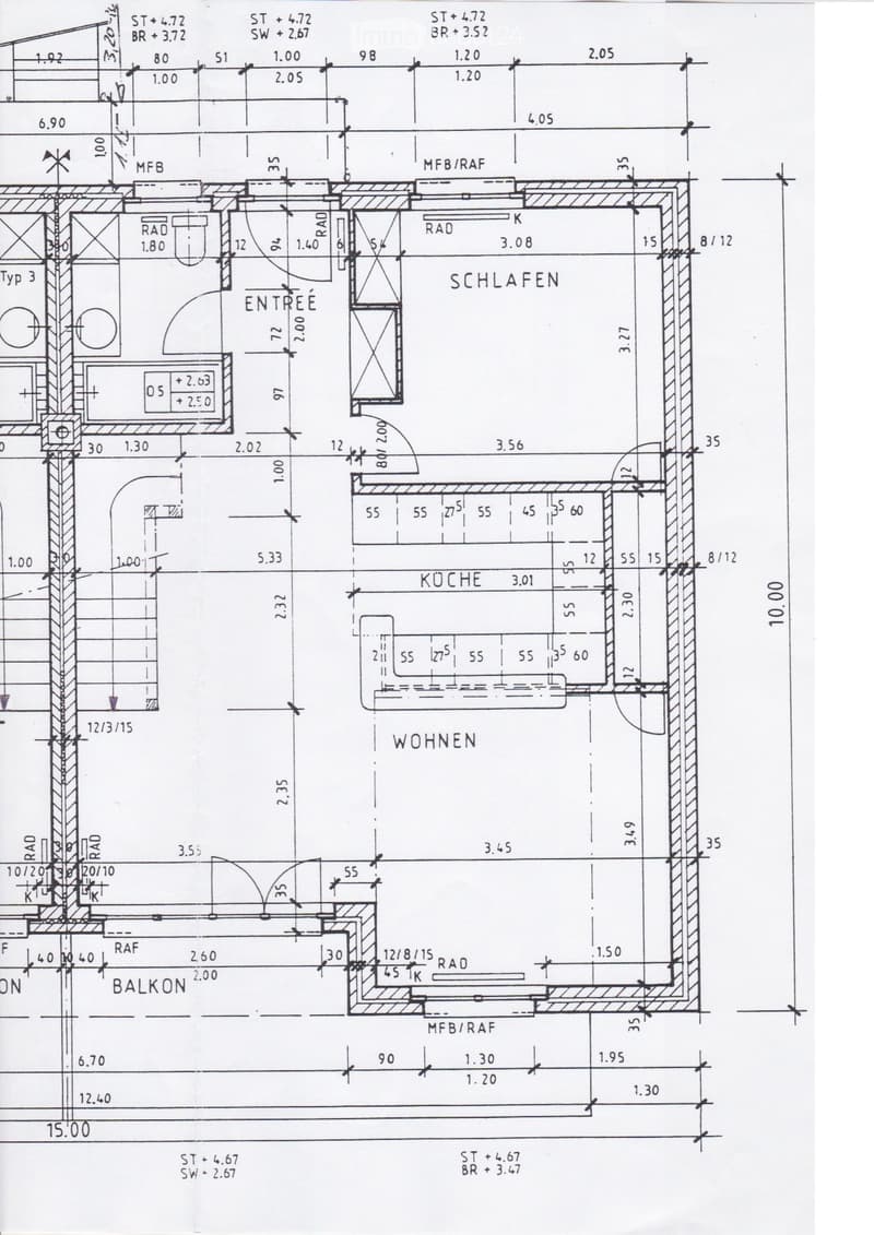Floor plan showing a layout with labeled rooms: entrance, bedroom, kitchen, living area, and balcony.
