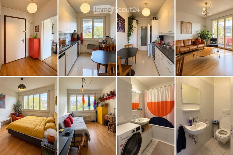 A collage of six images showcasing a modern, well-furnished apartment with a kitchen, living room, bedroom, and bathroom. The kitchen features white cabinets, a sink, and a dishwasher. The living room has a leather sofa, a coffee table, and a dining table