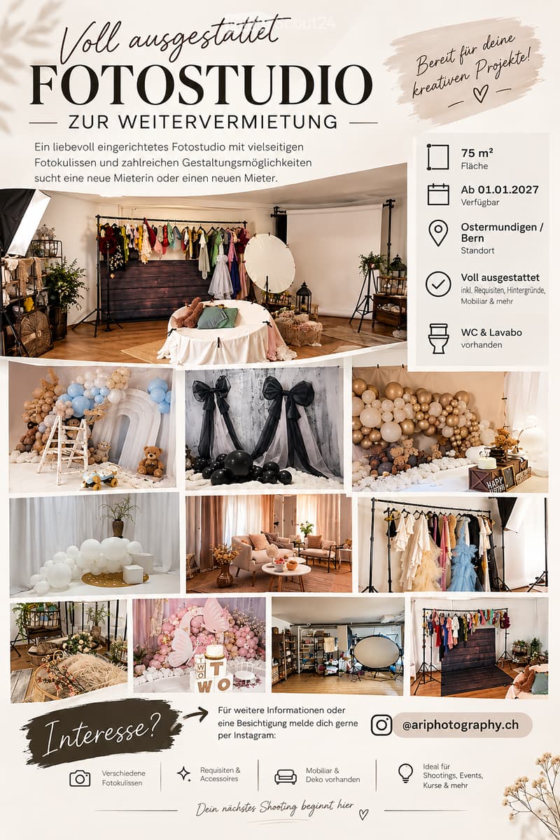 A fully furnished photo studio with various setups including a round table with a white cloth, balloons, plants, a clothing rack, and a sofa.