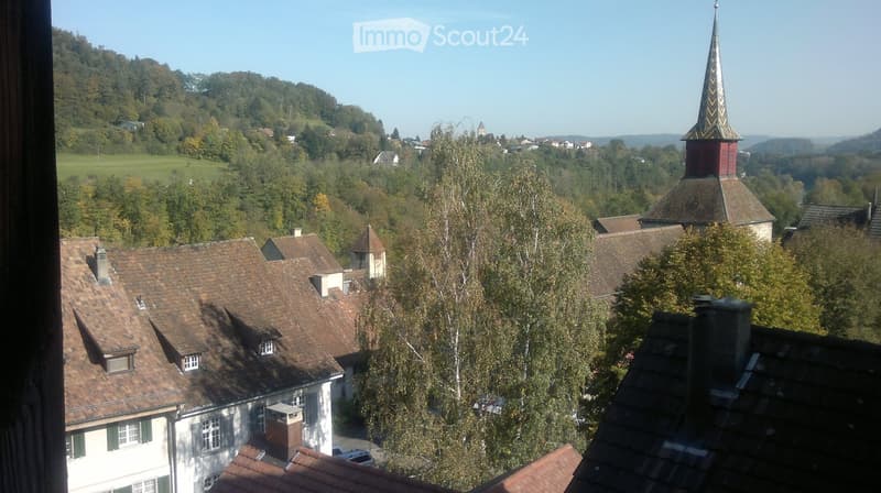 View of a village with traditional houses, red-tiled roofs, and a prominent church tower with a spire in the background, surrounded by green hills and trees.