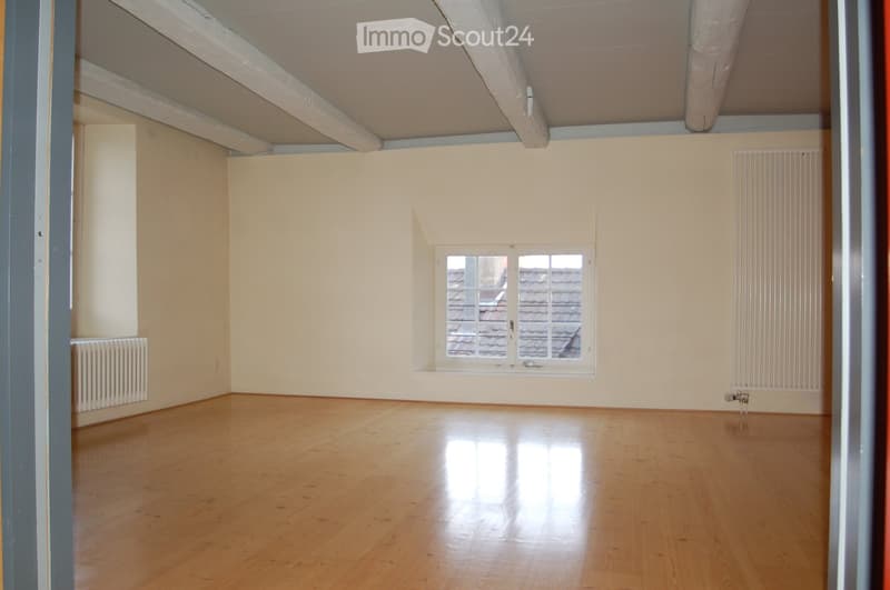 Empty room with wooden flooring, white walls, and a single window showing a roof view. Radiators are present on two walls.