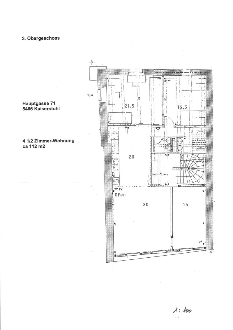 Floor plan of a 4.5-room apartment on the third floor, approximately 112 m², located at Hauptgasse 71, 5466 Kaiserstuhl.