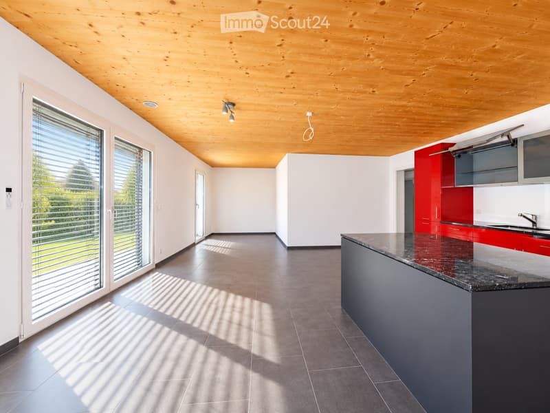 Modern kitchen with a dark countertop, red and grey cabinets, large windows, and a wooden ceiling.