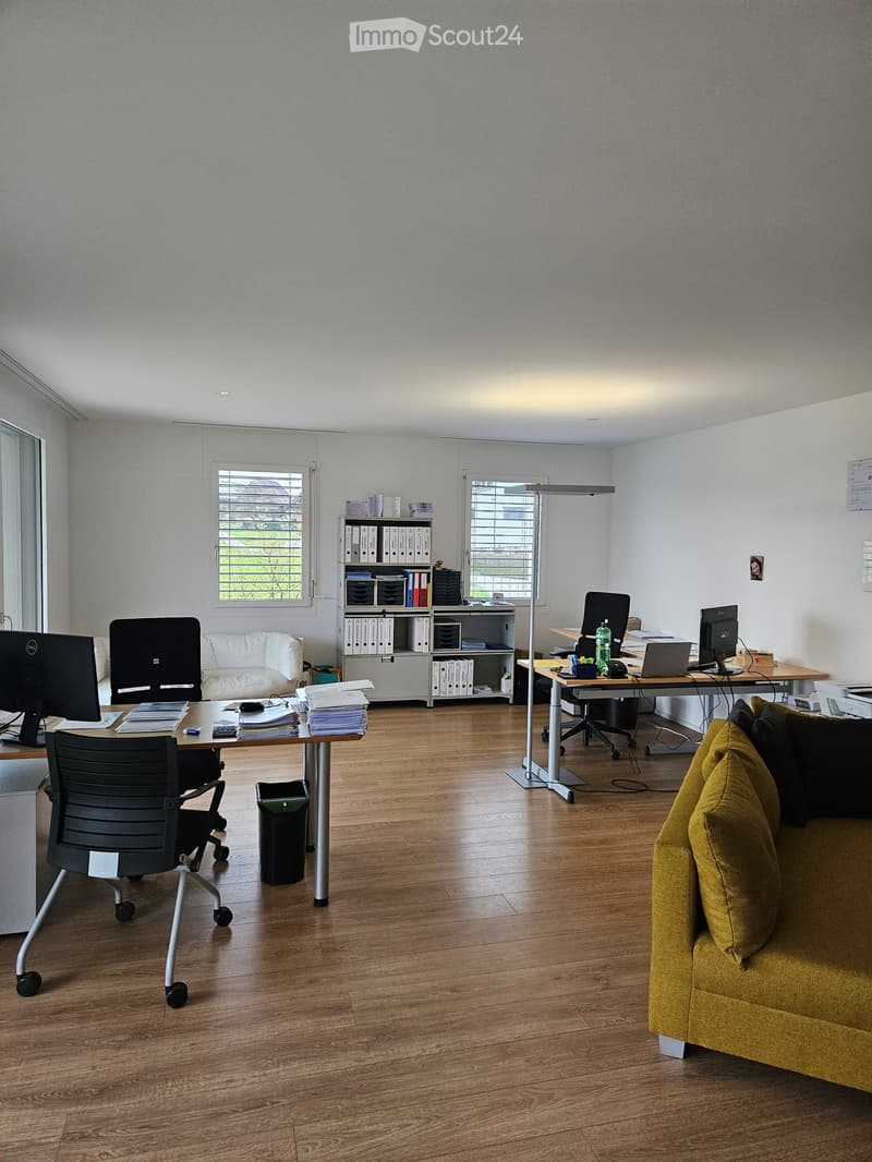 Open space office with desks, computer monitors, office chairs, bookshelves, and a couch