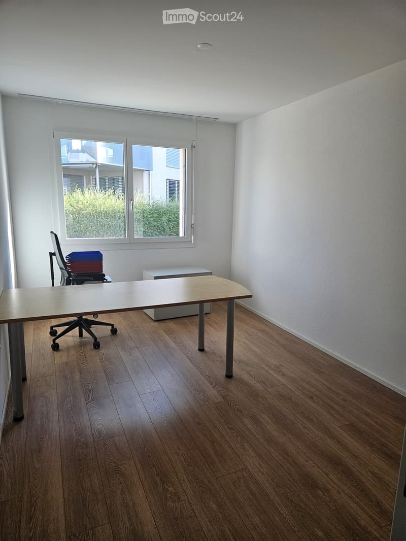wood floor, long desk, office chair, desk drawer, window, glass partition, open outdoor space