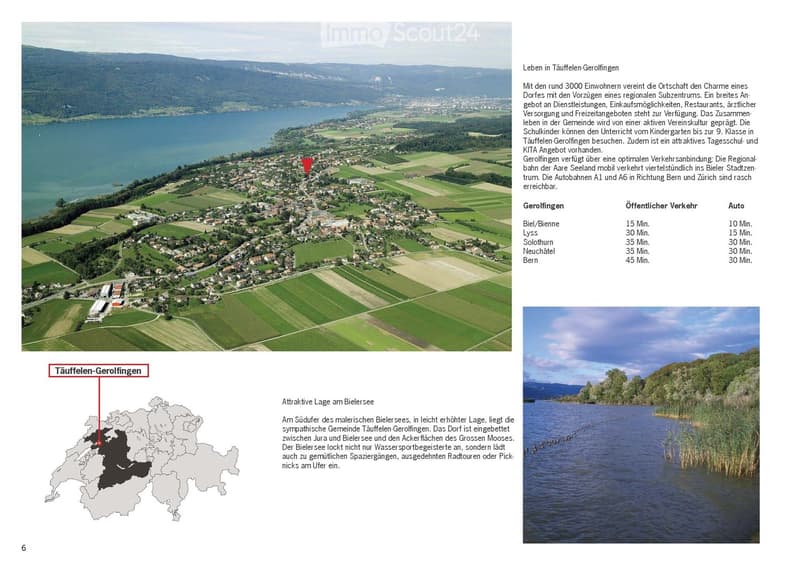 Aerial view of the village of Täuffelen-Gerolingen, showing houses, fields, and a lake in the background. The village is located near Biel/Bienne, with a map highlighting its location in Switzerland.