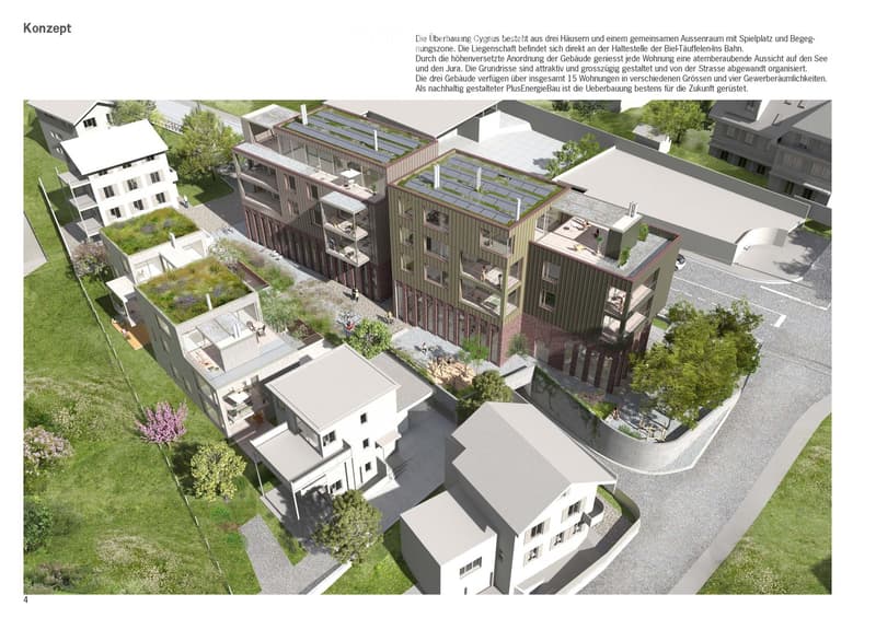 Aerial view of a modern residential complex with multiple buildings, green roofs, and outdoor spaces, including a playground and seating areas.