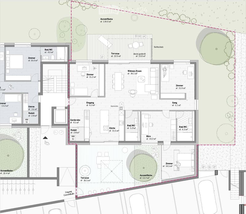 Floor plan showing a house layout with multiple rooms including living/dining area, kitchen, bedrooms, bathrooms, and outdoor terraces.