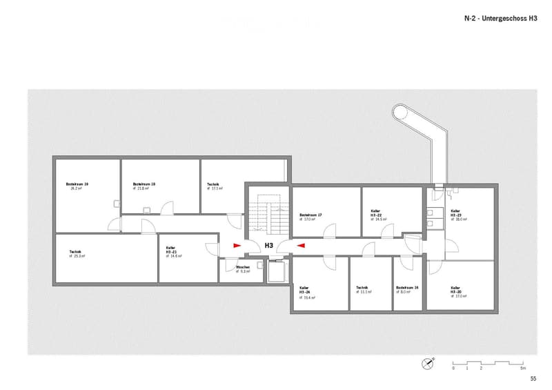 Floor plan of basement level H3, showing multiple rooms including basements, technical rooms, storage, and wash area.