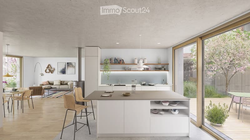 modern kitchen with island, large windows, sliding doors to terrace, open living area, hardwood floors, central heating, modern appliances