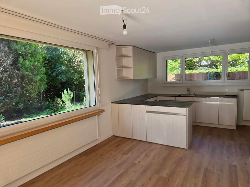 Modern kitchen with white cabinets, black countertop, wooden flooring, and large windows overlooking a green garden.