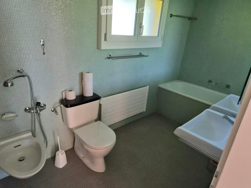 Bathroom with a toilet, bathtub, sink, toilet paper, radiator, and shower head.
