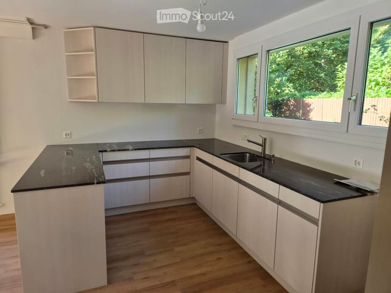 Modern kitchen with light-colored cabinets, black countertops, and a central island. Features a sink with a modern faucet and large windows offering a view of greenery.