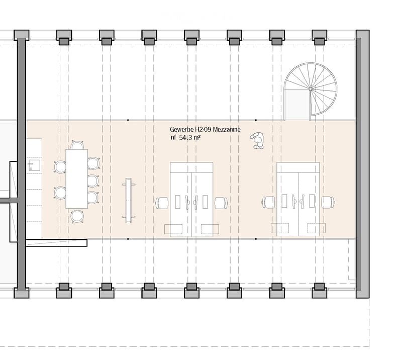 Floor plan of a commercial mezzanine area labeled 'Gewerbe H2-09 Mezzanine' with a total area of 54.3 m². The layout includes multiple workstations, storage units, and a circular seating area.