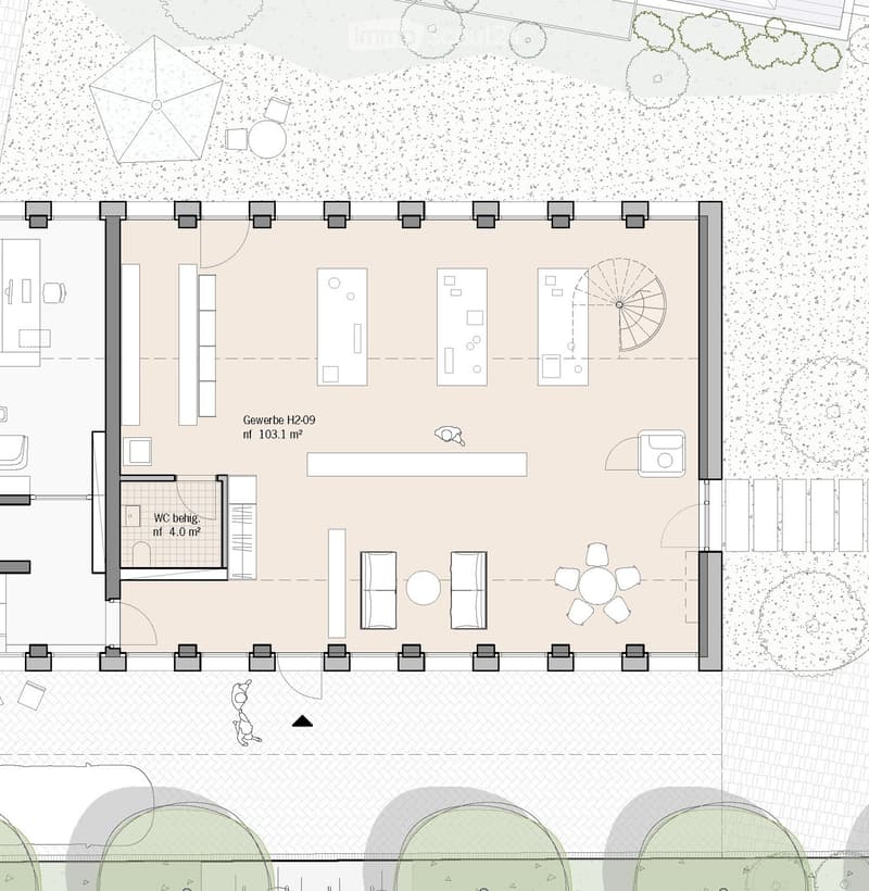 Layout of a commercial space with a main area, WC, and outdoor seating area.
