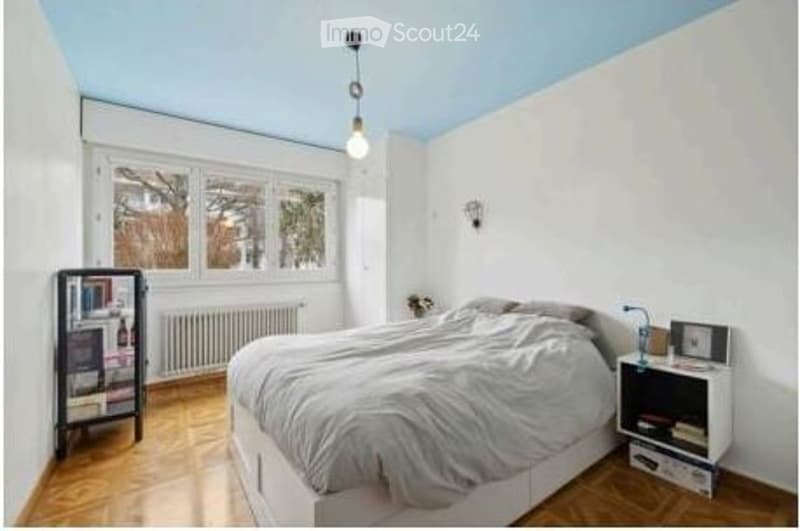 Bright bedroom with wooden flooring, large window, bed with white bedding, nightstand with lamp, bookshelf, and radiator under the window.