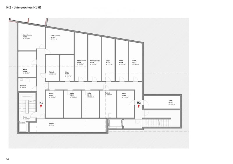 Floor plan of the basement level showing multiple storage and utility rooms, including labeled areas such as H1 and H2, with dimensions provided for each space.
