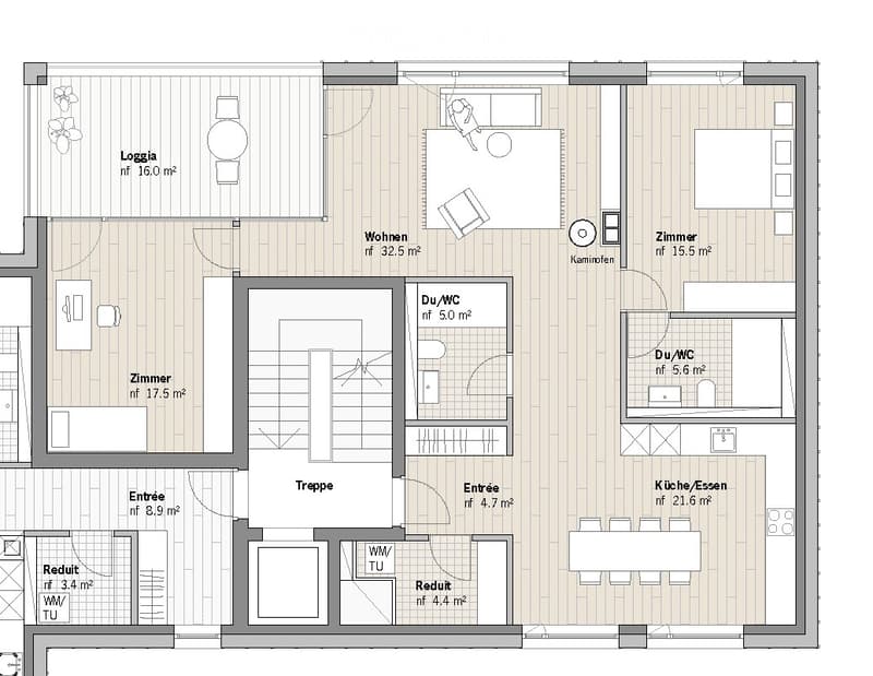 Floor plan of a 3-room apartment with living room, kitchen, bedroom, and two bathrooms.