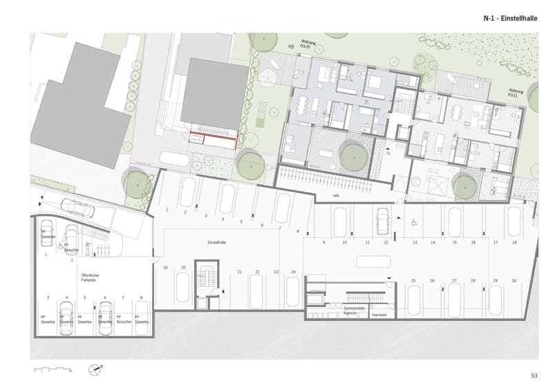 Floor plan of a residential complex with multiple apartments, parking spaces, and green areas. Includes labeled sections for living spaces, parking, and outdoor areas.