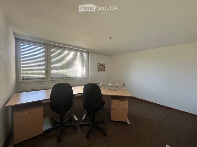 Office space with a large L-shaped desk, two office chairs, and a drawer unit. The room has large windows with blinds and a small decorative wall piece.