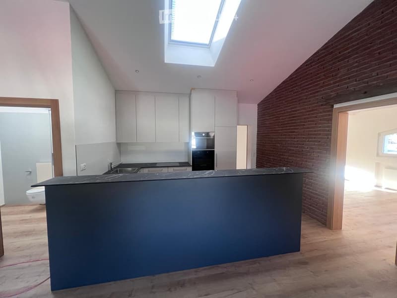 Modern kitchen with gray cabinets, black countertop, built-in oven and dishwasher, brick wall accent, and skylights providing natural lighting