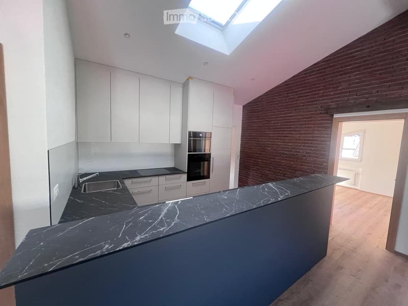 Modern kitchen with white cabinets, black marble countertops, and a brick accent wall. The kitchen features built-in appliances including a dishwasher.