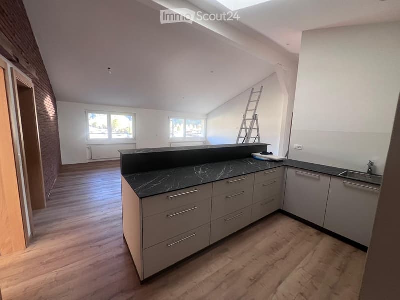 Newly renovated kitchen with modern gray cabinets, black marble countertops, and hardwood flooring. The kitchen appears to be in the process of being completed, with a ladder visible in the background. A dishwasher is also visible as one of the kitchen ap