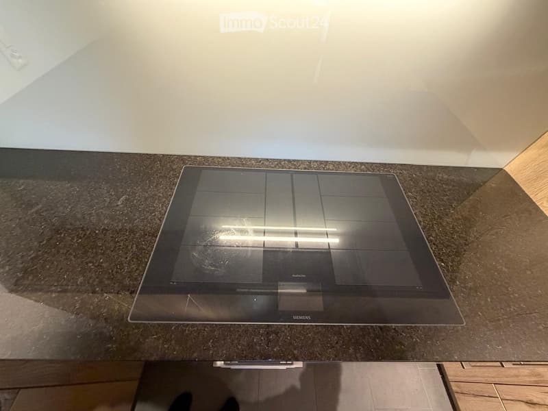 Modern kitchen with a sleek Siemens induction cooktop on a dark granite countertop, integrated into the cabinetry.