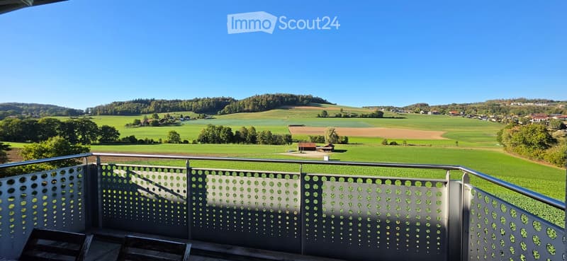 Balcony with metal railing overlooking a scenic countryside with green fields, trees, and distant hills under a clear blue sky.