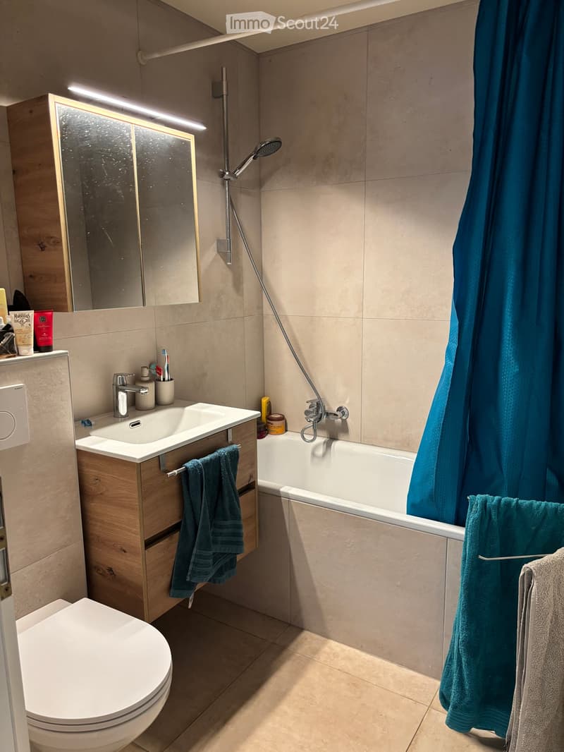 Modern bathroom with a white sink, wooden cabinet, bathtub, toilet, and a large mirror. Blue towels are hanging on the sides.