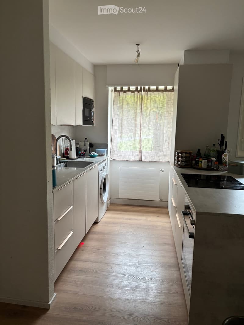 Modern kitchen with light-colored cabinets, wooden flooring, and stainless steel appliances including a sink, microwave, washing machine, and stove. Countertops hold various kitchen items such as spices and a spice rack.