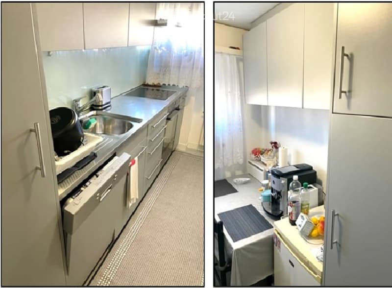modern kitchen with white cabinets, sink, stove, dishwasher, washing machine, refrigerator, kitchen area