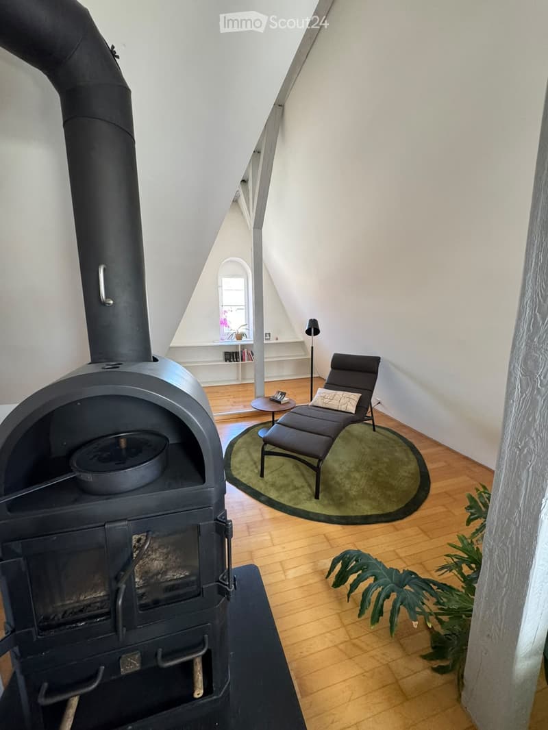 A cozy, well-lit room with wooden flooring, a wood-burning stove, a small round table with a chair, a floor lamp, a shelf with books and a plant, and a large green rug.