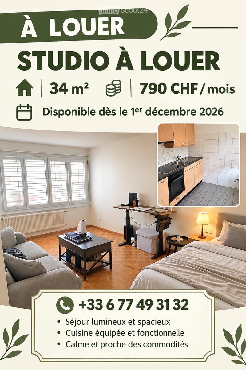 Bright and spacious studio with wooden flooring, large windows, a sofa, a coffee table, a bed, a desk, a kitchen area with cabinets, sink, and oven, and a small side table with a lamp.
