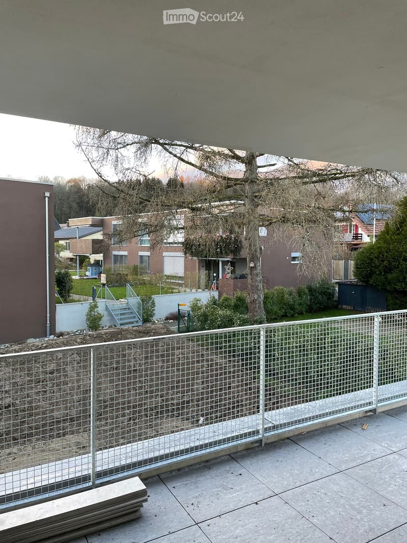 Outdoor patio area with a metal fence, concrete floor, and surrounding greenery, including trees and shrubs. Stairs lead up to a raised platform.