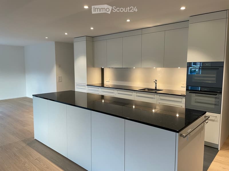 Modern kitchen with white cabinets, black countertop, and integrated appliances including a sink and oven.