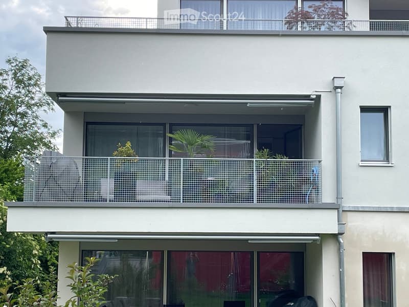 Balcony with metal railing, large windows, and plants, part of a multi-story building with modern design and roller shades.