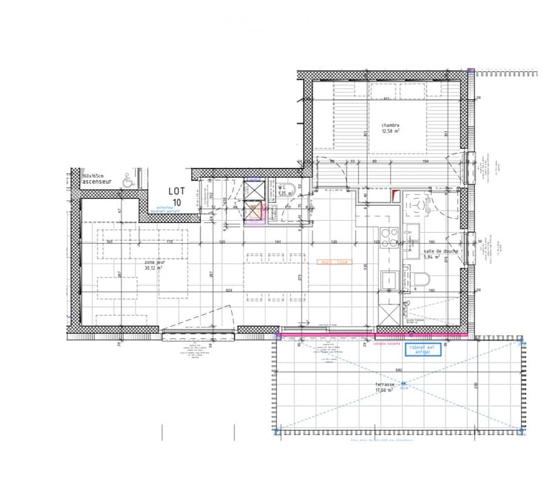 Floor plan of a residential unit showing a living area, bedroom, bathroom, and terrace. Includes an elevator access point and outdoor space.