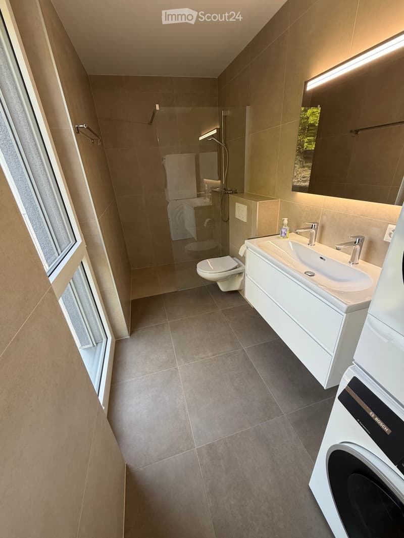 Modern bathroom with a glass-enclosed shower, toilet, sink with a modern faucet, and a washing machine. Features include a large mirror with built-in lighting and a sleek vanity cabinet.