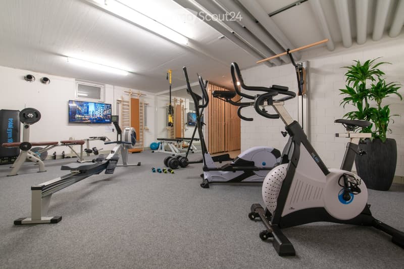 Well-equipped fitness room with various exercise machines, including an elliptical, exercise bike, bench, dumbbells, and a TV screen. A large plant is placed in the corner.