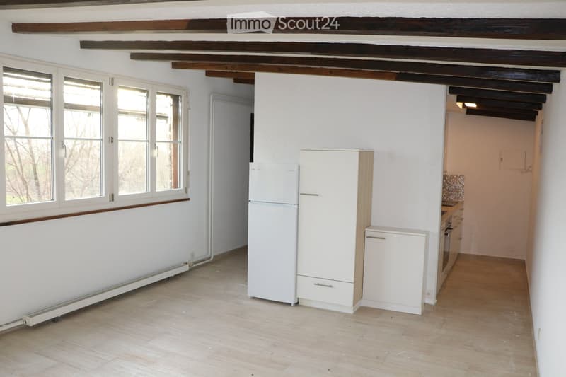 The image shows a small, unfurnished kitchen area with a refrigerator, dishwasher, and cabinet. The room has wooden flooring, white walls, and large windows allowing natural light to enter.