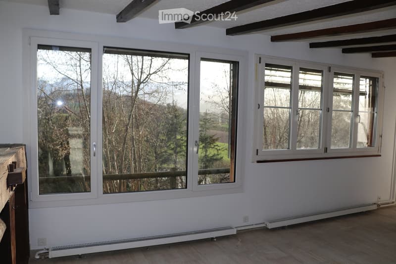 Empty room with white walls, wooden flooring, large windows offering a view of trees and a landscape, and exposed wooden beams on the ceiling.